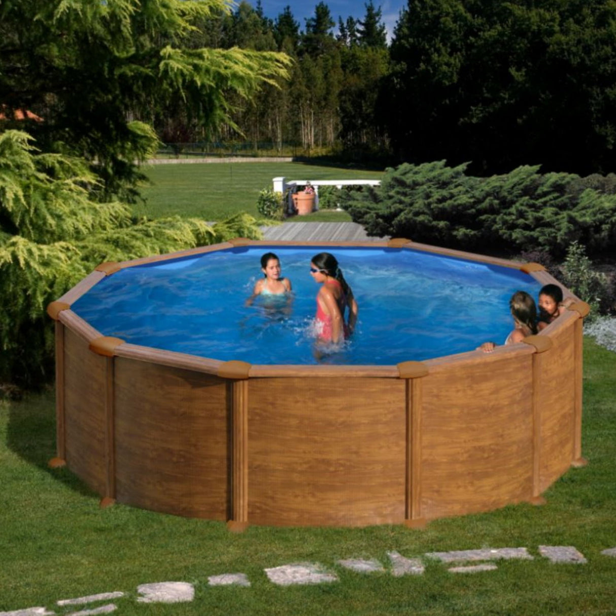 Ensemble piscine ronde GRE aspect bois Maurice Ø 350 x 132 cm