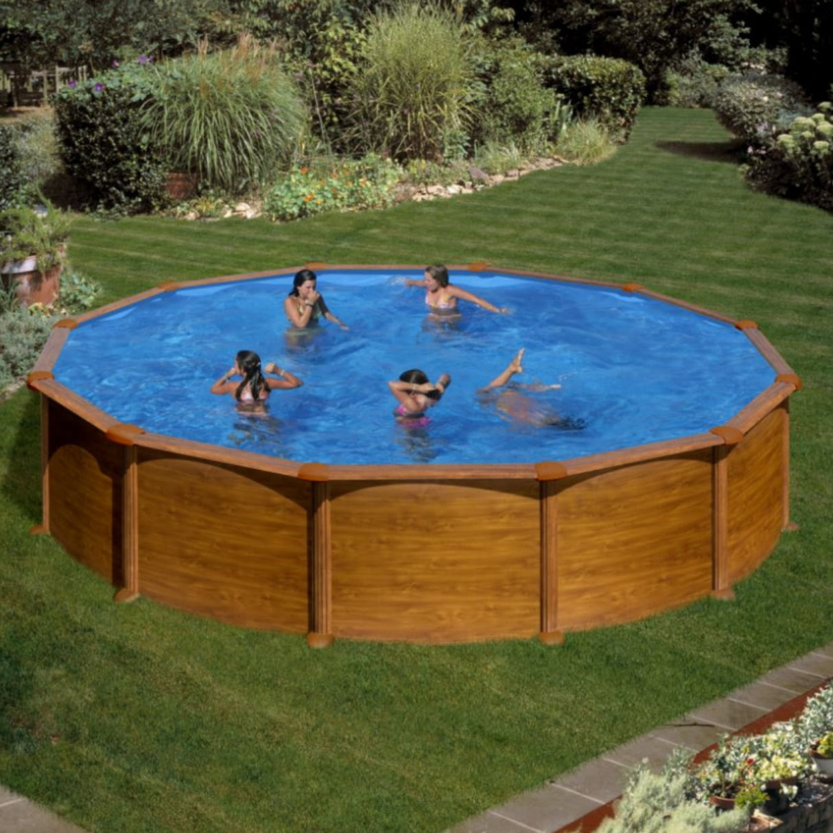 Ensemble piscine ronde GRE aspect bois Maurice Ø 550 x 132 cm
