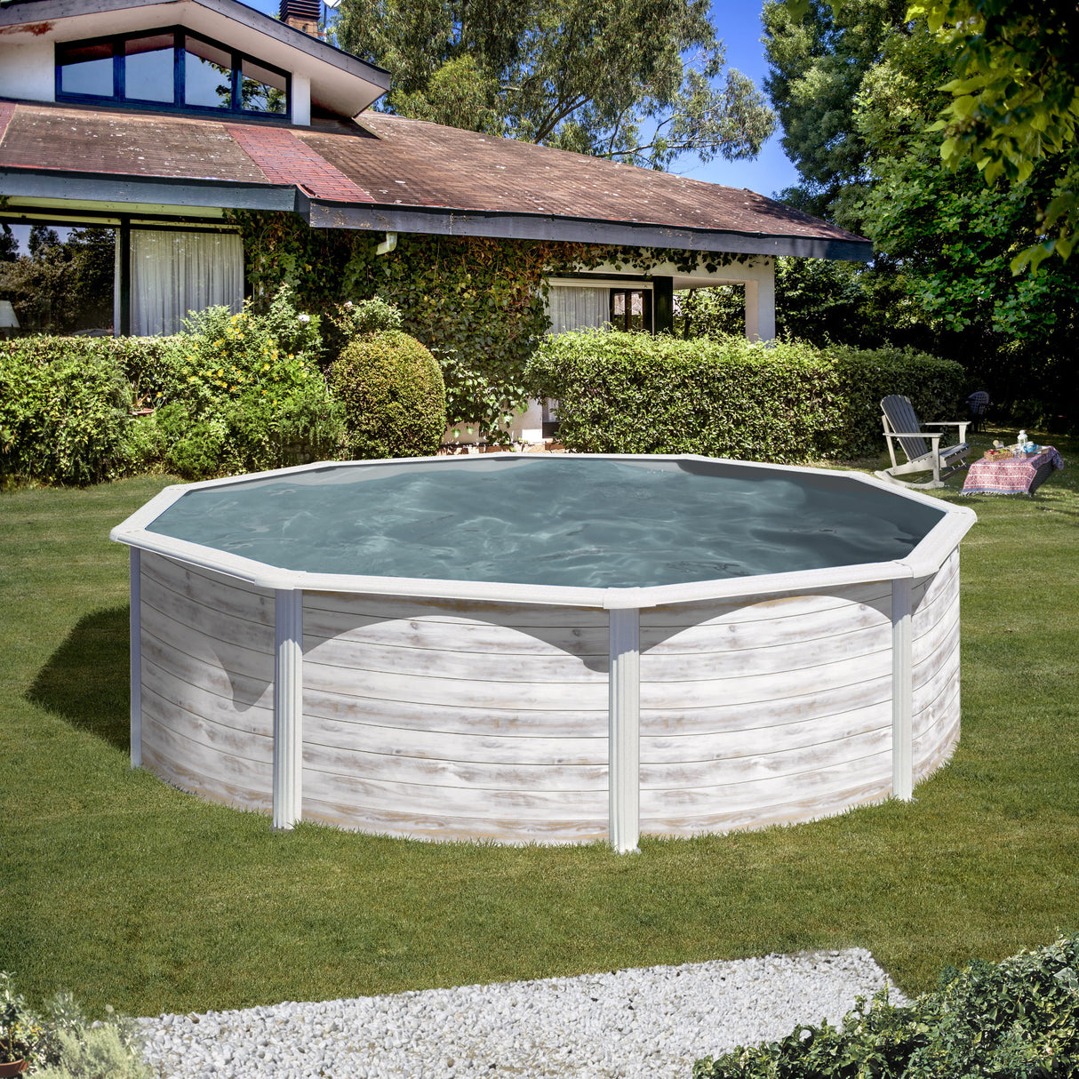 Ensemble piscine ronde GRE look nordique Finlande Ø 350 x 120 cm