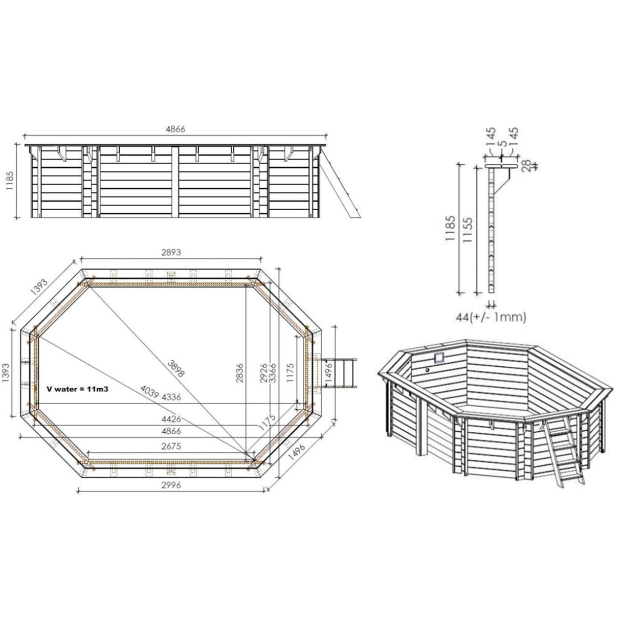 Ensemble piscine en bois OKU EMOTION-FUN ovale 486 cm x 336 cm - hauteur 120 cm
