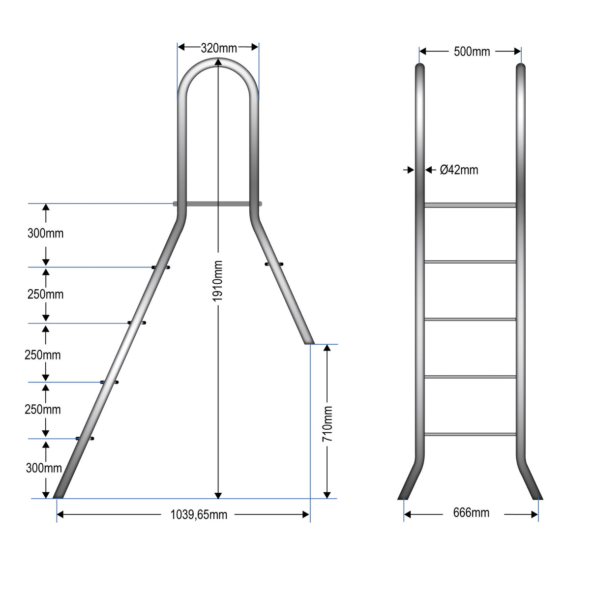 Echelle de piscine haute inox CLASSIC 120/40 avec marche 1 x 4 et 1 x 1 - Stock B