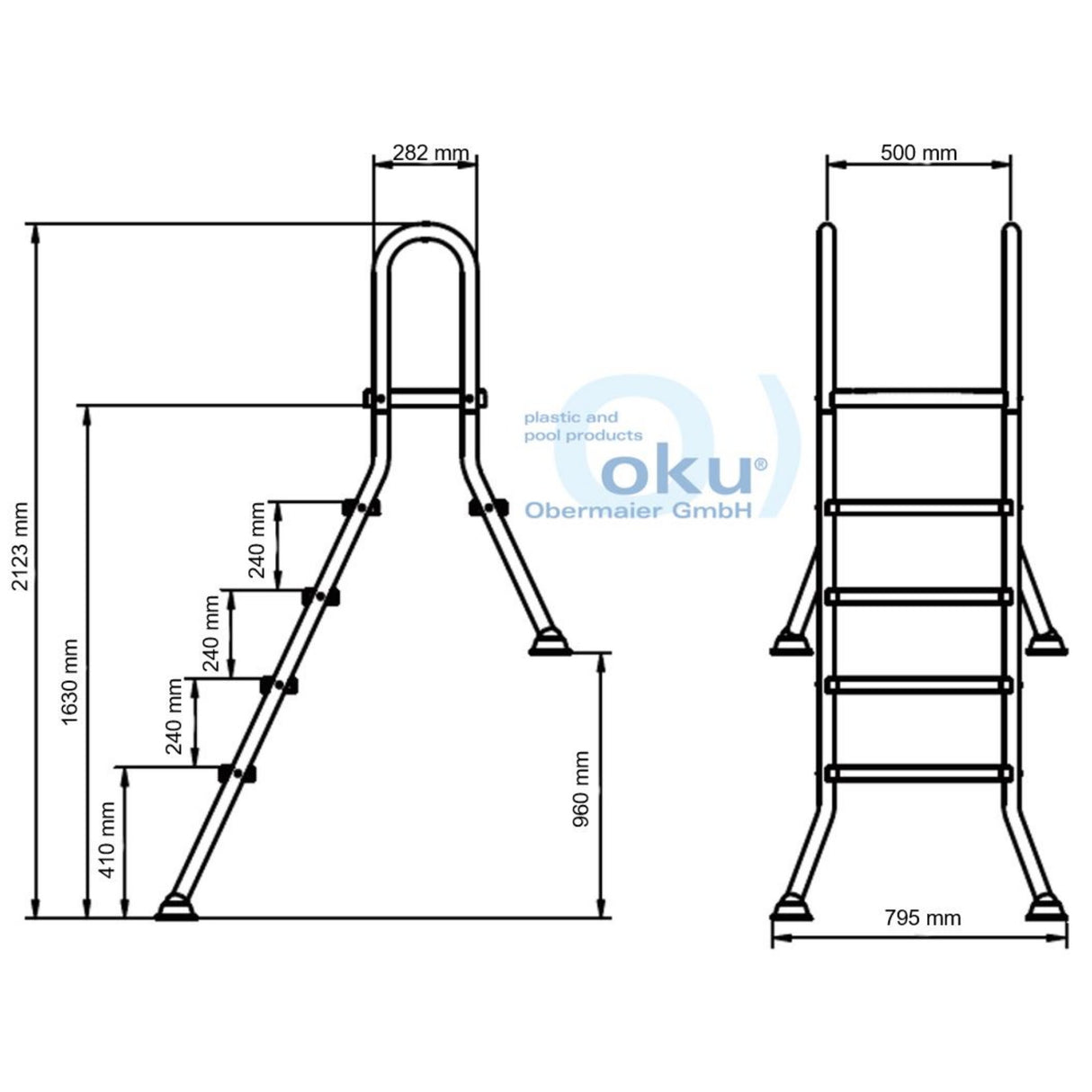 Echelle de piscine haute HIGHLIGHT 150/40 avec 1 x 5 et 1 x 1 marche en acier inoxydable V2A