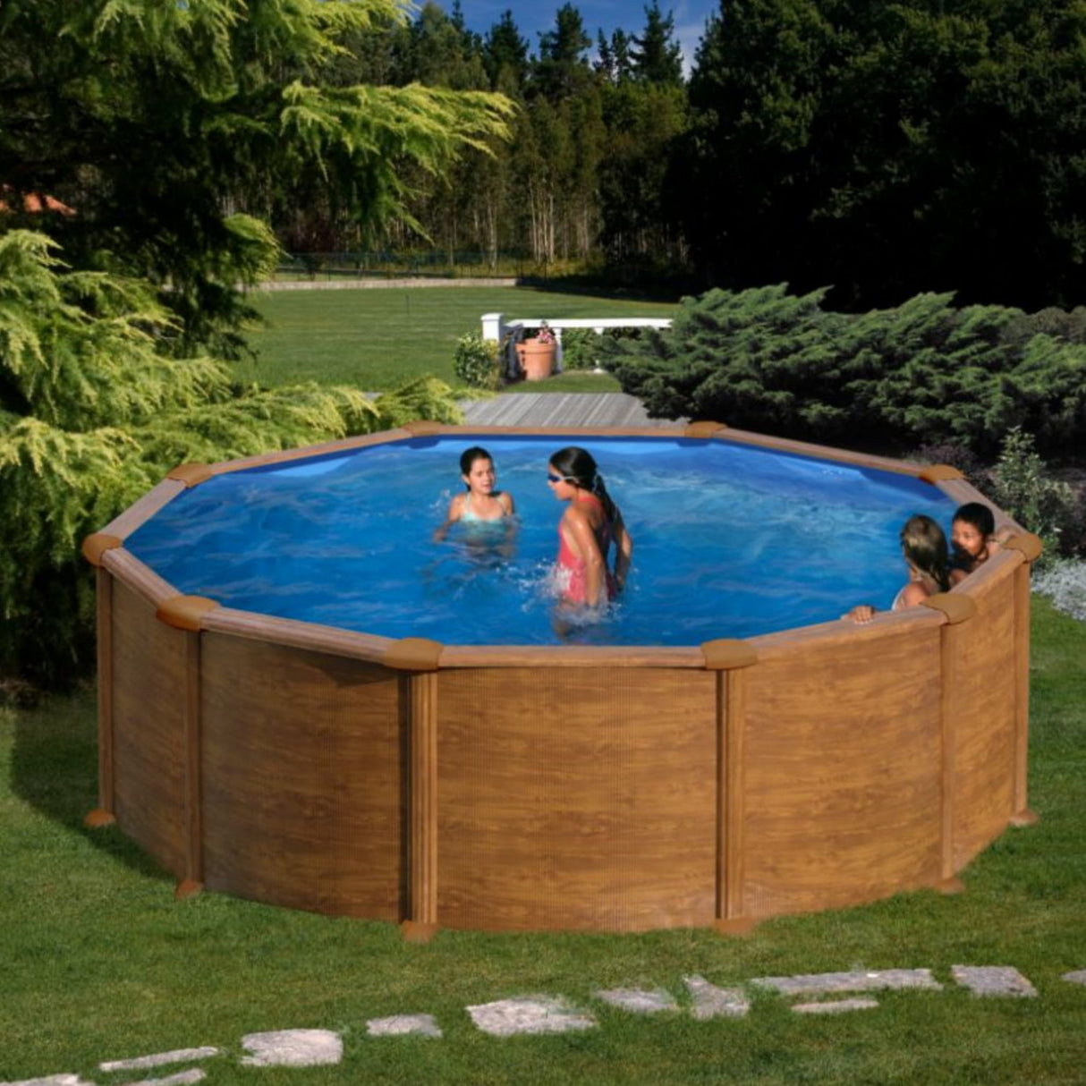 Ensemble piscine ronde GRE aspect bois Maurice Ø 460 x 132 cm 