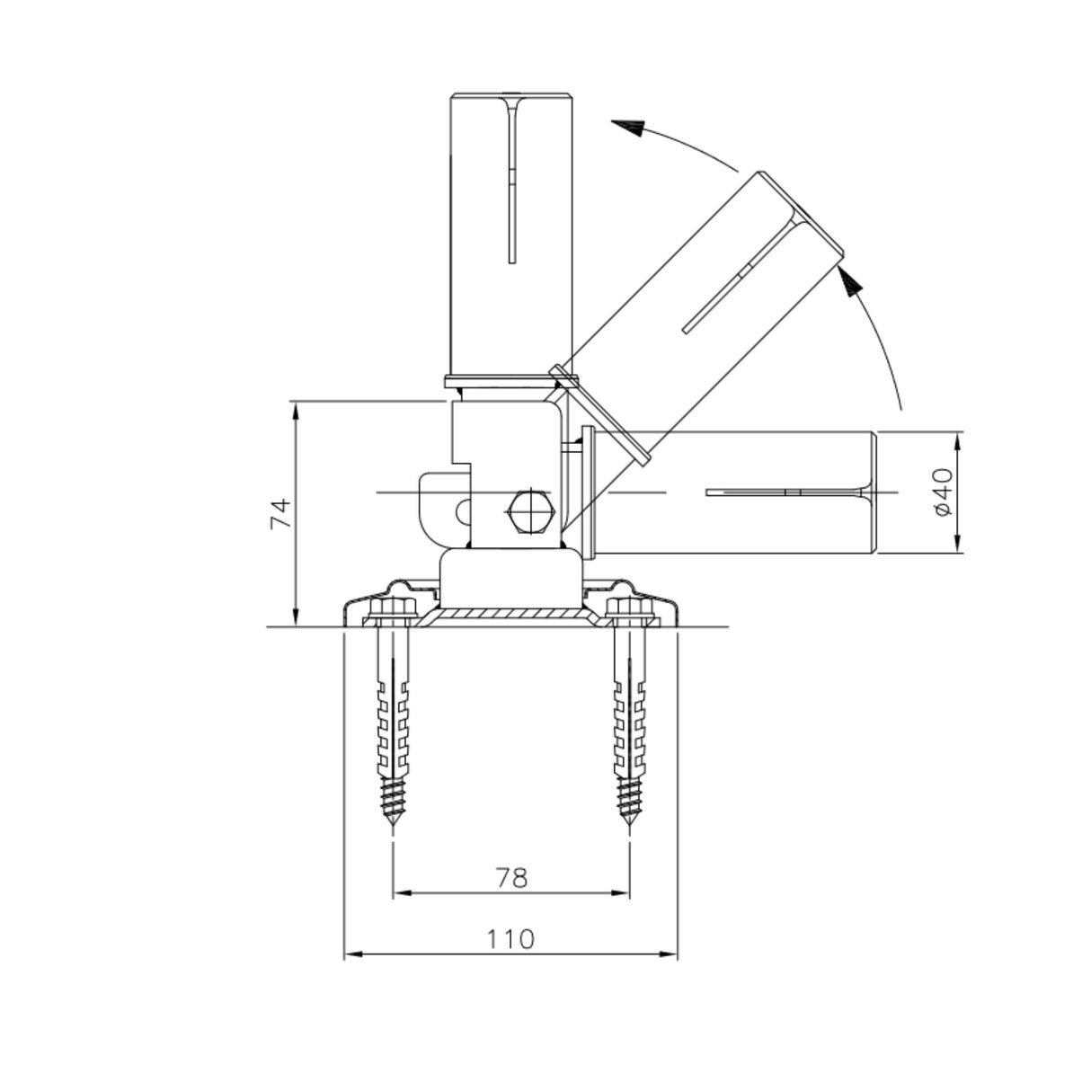 Articulation basculante pour échelles standards avec longeron de 43 mm avec fixation par bride
