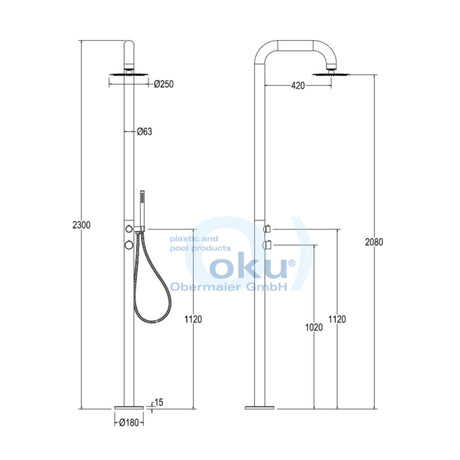OKU Gartendusche Edelstahl V4A Gebogen mit Kopf- und Handbrause